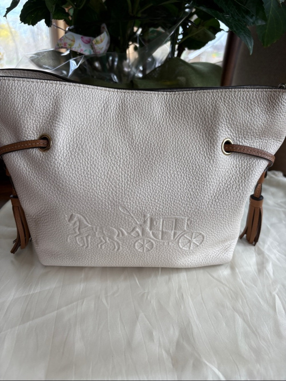 Coach White Pebbled Leather Tote with Tan Trim and Tassels